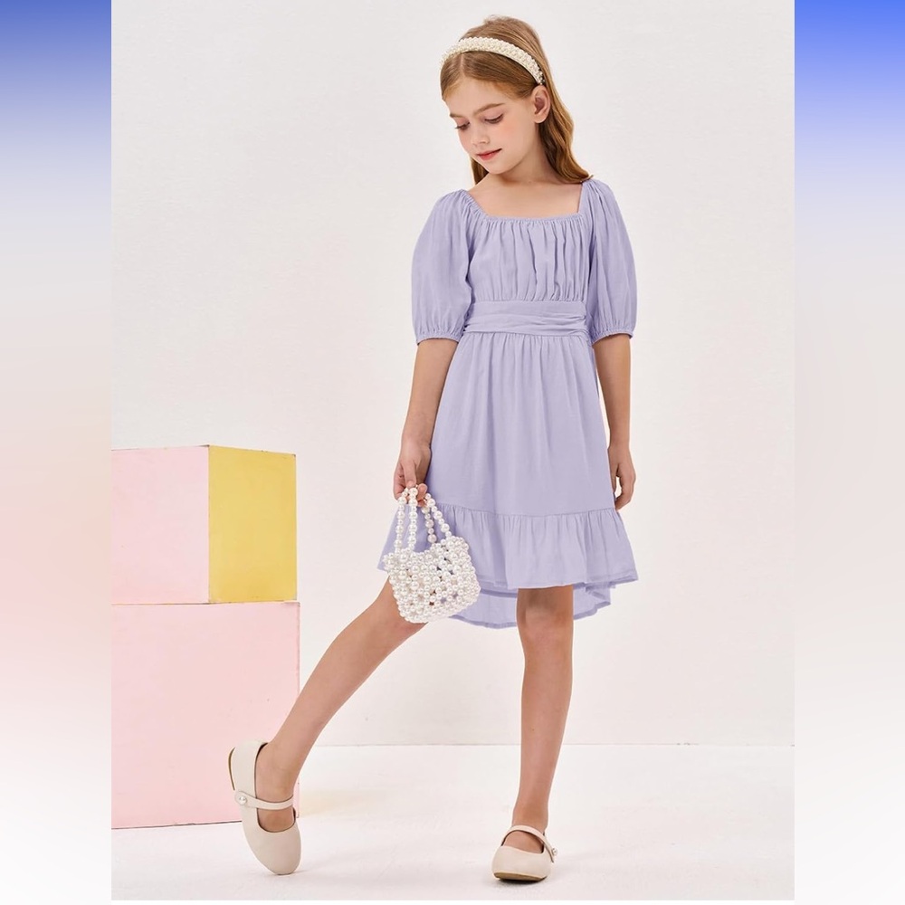 Chic Lilac Kids Dress with Puff Sleeves